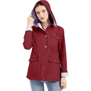 IFFEI Women's Rain Jacket Lightweight Waterproof Rain Coat Outdoor Hooded Windbreaker with Pockets (Red, L)
