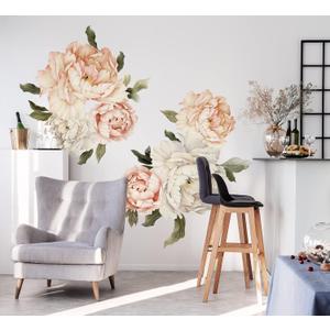 Murwall Peony Wall Decal for Bedroom Kids Room Floral Wall Sticker Watercolor Floral Removable Peel and Stick For Girls Peonies Wall Decals Childroom Livingroom