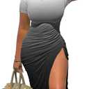 GOKATOSAU Women's Sexy Bodycon Short Sleeve Slit Ruched Summer Club Party Midi Dress Gradient White, 31, S