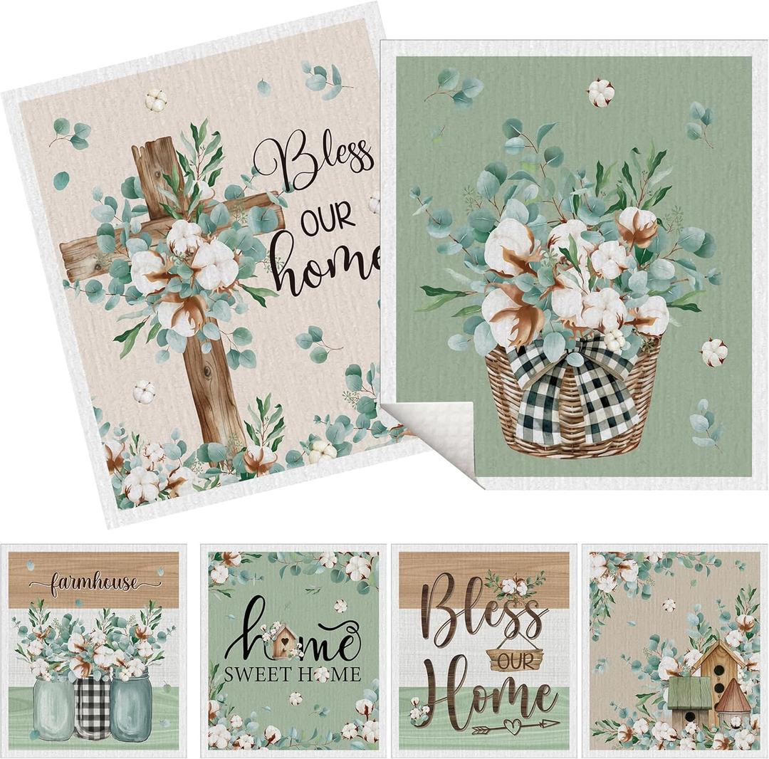 Swedish Dishcloths for Kitchen, 6 Pack Farmhouse Eucalyptus and Cotton Flower Reusable Paper Towels, Non-Scratch Swedish Dish Cloths Super Absorbent Cellulose Sponge Cloths