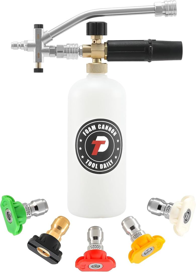 Tool Daily Foam Cannon with Dual Connector Accessory, 1/4 Inch Quick Connector, 5 Pressure Washer Nozzle Tips, 1 Liter