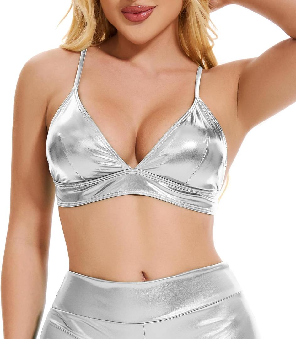Women's Metallic Crop Tops Shiny Bralette Rave Bra Bikini Swimsuit Top (XX-Large)