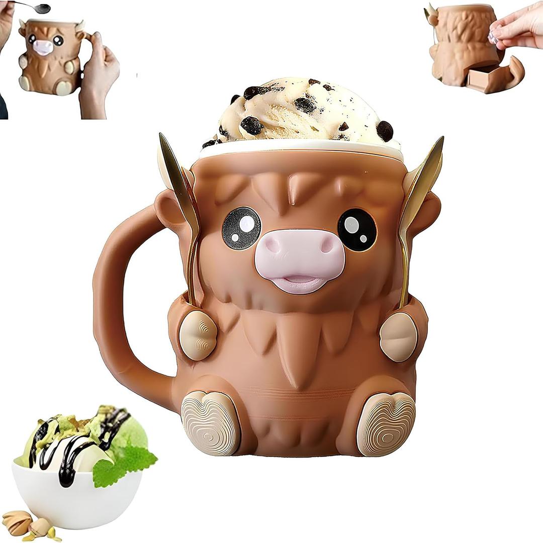 Ice Cream Pint Holder, Highland Cow Ice Cream Holder, with 1 spoon, Gift for cream Lovers