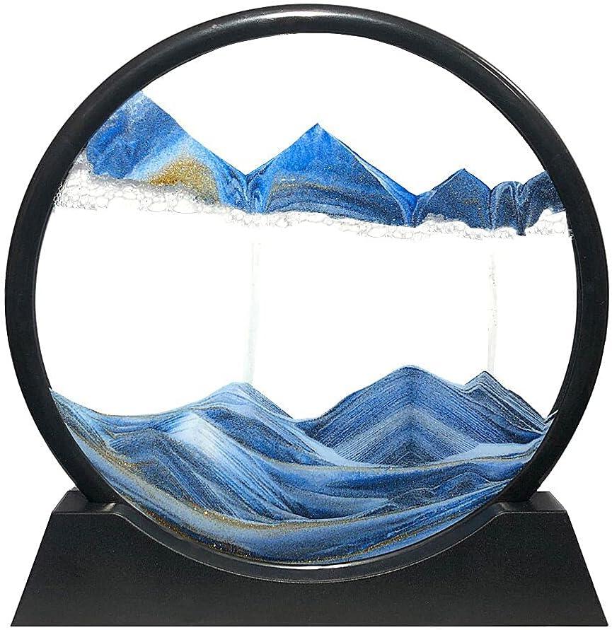 Muyan Moving Sand Art Picture Sandscapes in Motion Round Glass 3D Deep Sea Sand Art for Adult Large Desktop Art (Blue, 7 Inch)