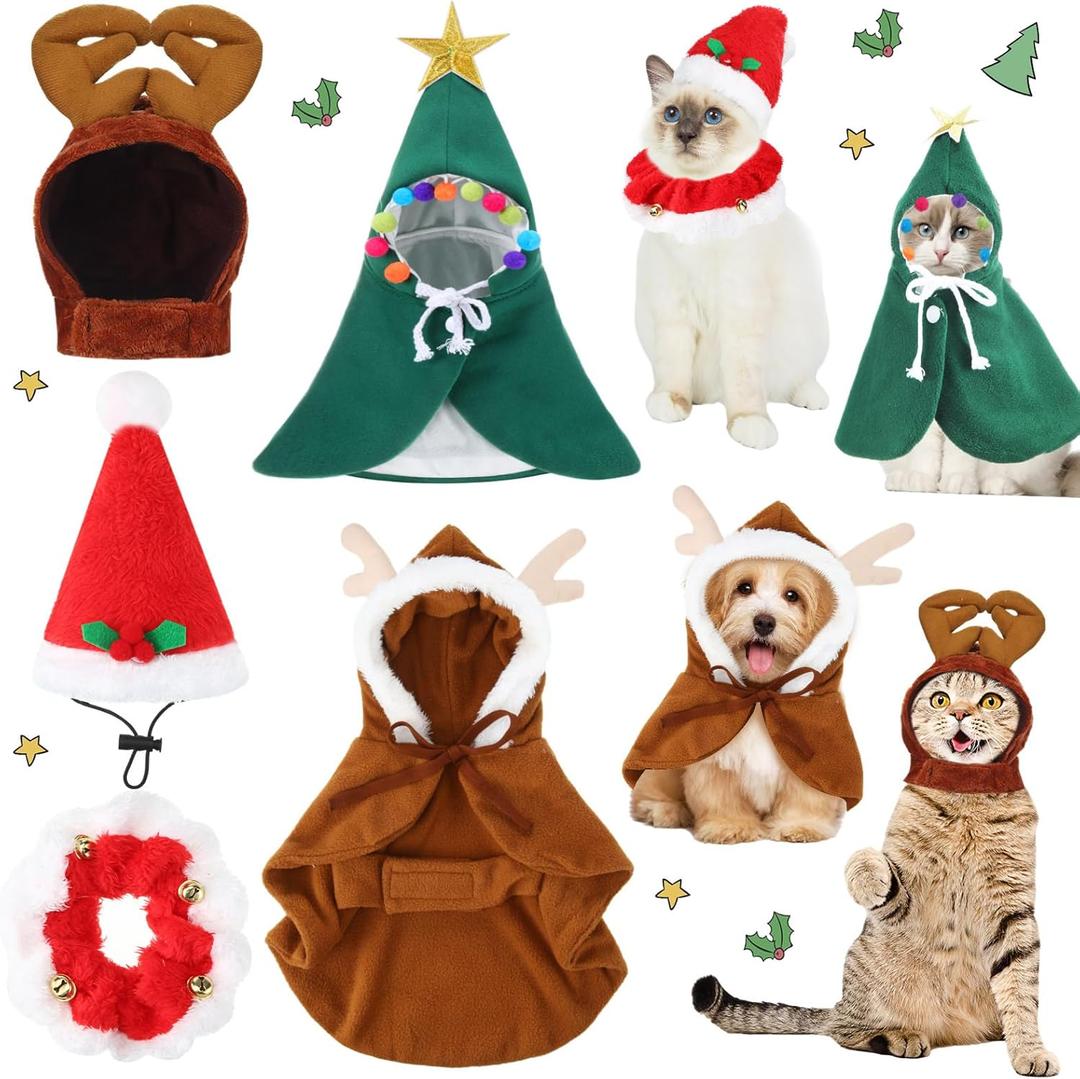 Aliceset 4 Pieces Cat Christmas Outfit with Collar Christmas Pet Costume Adjustable Christmas Cat Costumes Elk Reindeer Christmas Hat Cats Clothes Cute Cat Cape for Christmas Puppy Cat, 4 Designs