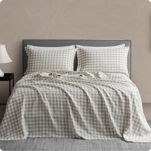 DAPU Linen Sheets Set Full, Gingham Check Plaid 100% Washed Linen Bedding with Envelope Closure, 4 PCs Hypoallergenic Soft Linen Sheets Set, Geometric Checkered Pattern in Beige & White, Full Size
