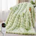 Heated Blanket Throw with 1/2/4/6/8 Hours Auto-Off 10 Heat Level, 50'' * 60'' Cozy Faux Rabbit Fur Bubble Electric Blanket with Overheat Protection(Tie-Dye Green)