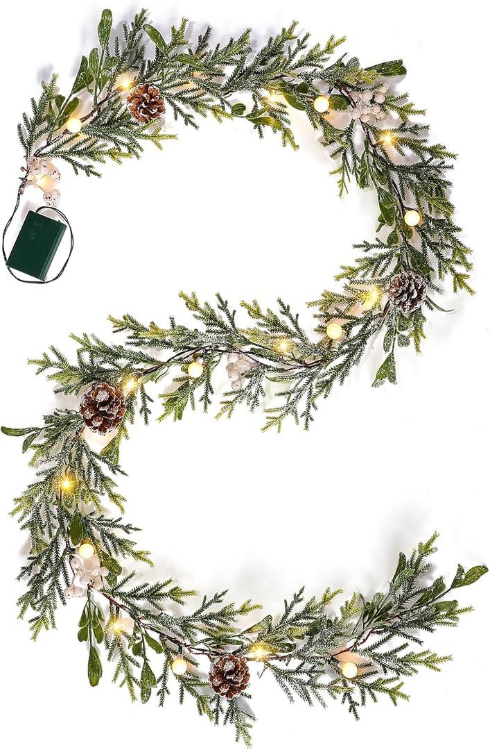 6FT Snow Cedar Pine Garland,Prelit Christmas Garland with Timer,Realistic Garlands Battery Operated for Winter Holiday Outdoor Staircase Decorations 20LED