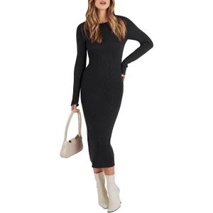 ANRABESS Women Long Sleeve Sweater Dress Crewneck Bodycon Stretch Slim Fit Ribbed Knit Midi Dresses 2025 Fall Trendy Outfits Black Small (Black, S)