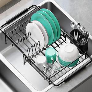 Dish Drying Rack in Sink - Expandable (14.5''-18''L) Over The Sink Dish Rack with Utensil Holder, Space-Saving Dish Drainer for Kitchen Counter, 1 Piece, Matte Black