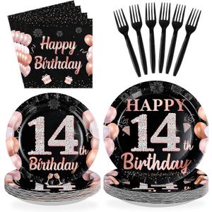 96Pcs 14th Birthday Decorations for Girls Black and Rose Gold 14th Plates and Napkins Disposable Rose Gold 14 Happy Birthday Tableware Set for Girls 14 Years Old Party Supplies, Serves 24