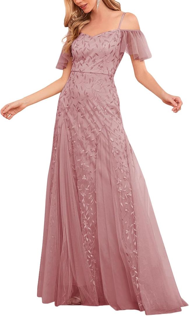 Women Long Formal Dress Evening Gowns Off Shoulder Short Sleeves Sequin Tulle Party Gown Wedding Guest Dresses (X-Large, Orchid)