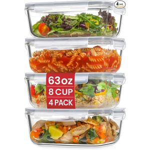 4 Pack 8 Cups/ 63oz Large Glass Storage Containers with Lids, Meal Prep Containers, Glass Food Storage with Airtight Lid for Baking, Leak Proof & Microwave, Oven Safe (4 Containers + 4 Lids)