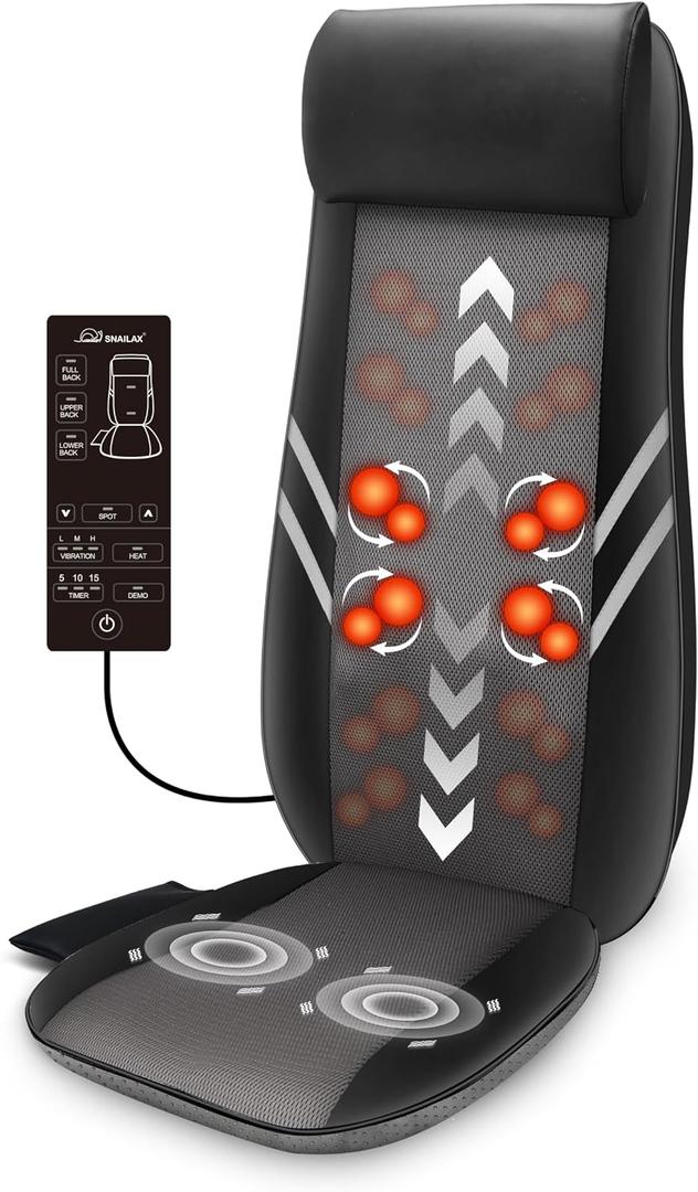 Snailax Shiatsu Back Massager with Heat for Home & Office, Full Back Massage Chair Pad with 8 Kneading Nodes, Vibration Seat Cushion, Chair Massager for Office Workers, Seniors, Mom, Dad Gifts Father