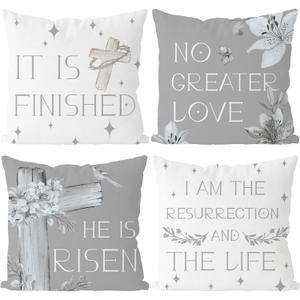 GAGEC Easter Pillow Covers 18x18 Inch Set of 4 It is Finished He is Risen Floral Cross Pillowcases Farmhouse Decorations for Sofa Couch Bedroom Living Room Cushion Case Decor
