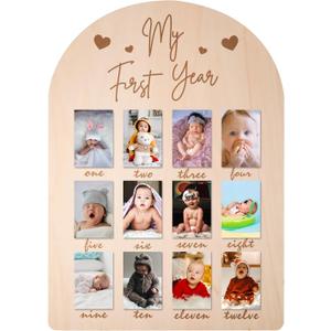 PEUTIER My First Year Photo Display Wood Board, Picture Frame 12 Months Newborn Picture Frames Baby Photo Display for Baby Birthday Nursery Decorations