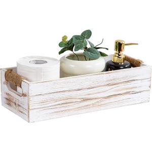 TIMRIS Rustic Wooden Toilet Paper Holder, Farmhouse Bathroom Decor, Toilet Tank Basket, Decorative Storage Container (Whitewash)