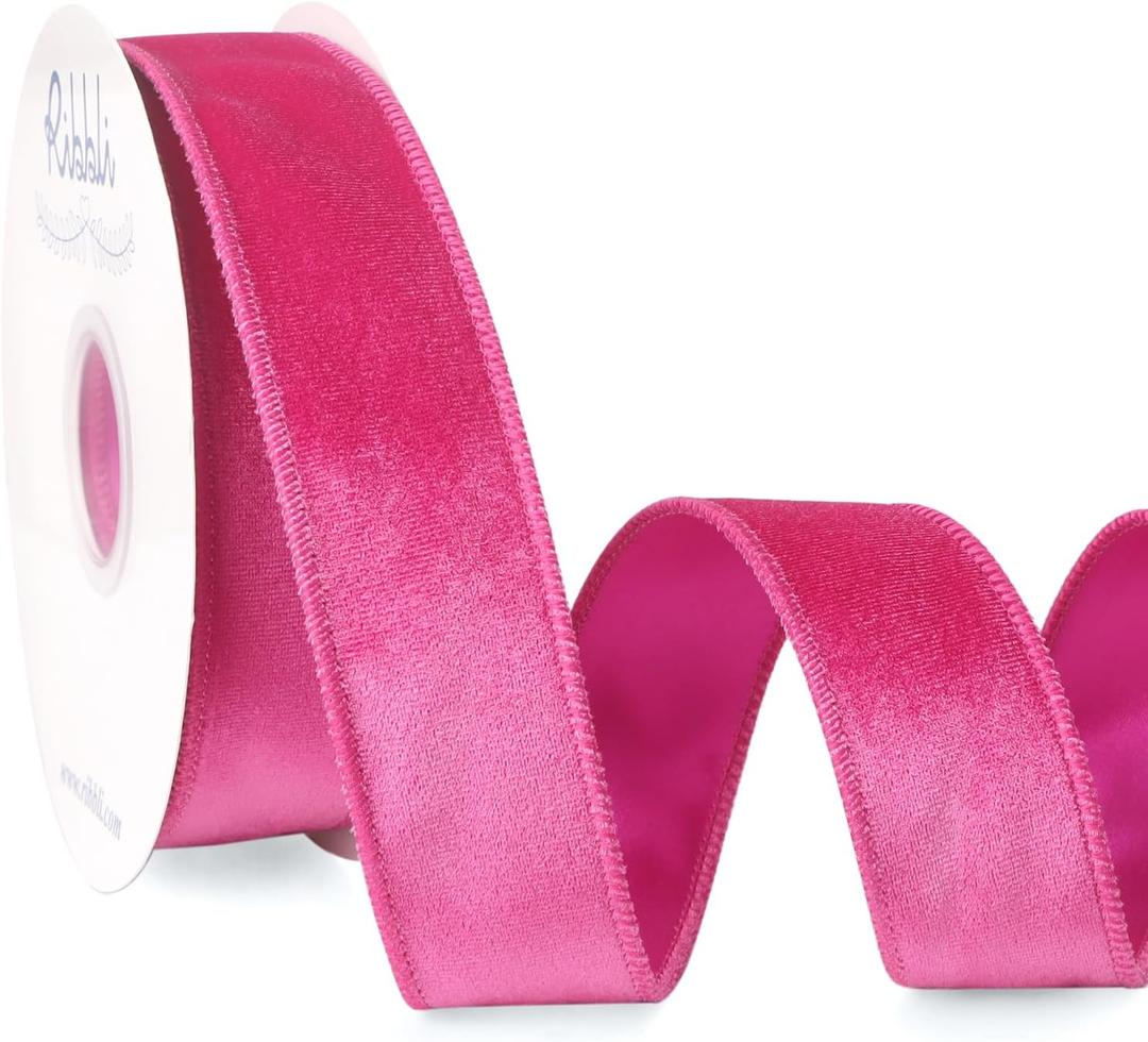Ribbli Hot Pink Velvet Wired Ribbon 1.5 Inch Velvet with Satin Christmas Ribbon for Gift Wrapping Christmas Tree Decoration Crafts Wreaths Supplies-Continuous 10 Yards