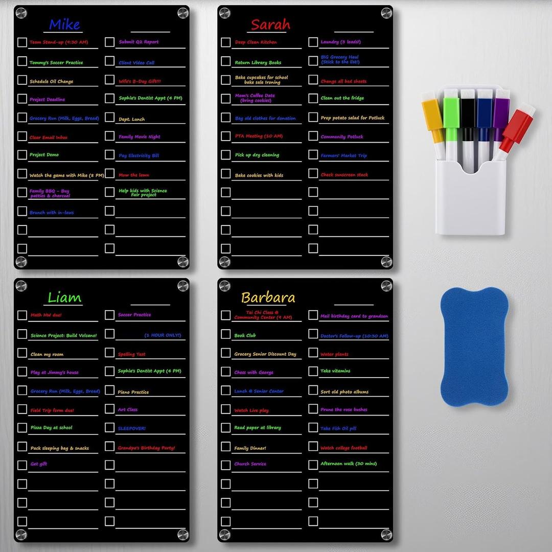 4 Pcs Acrylic Magnetic Dry Erase Board for Fridge 11.81"x7.87" Black Magnetic Calendar to Do List Whiteboard for Refrigerator Meal Planner Menu with Board Eraser, 6 Markers, Pen Holder