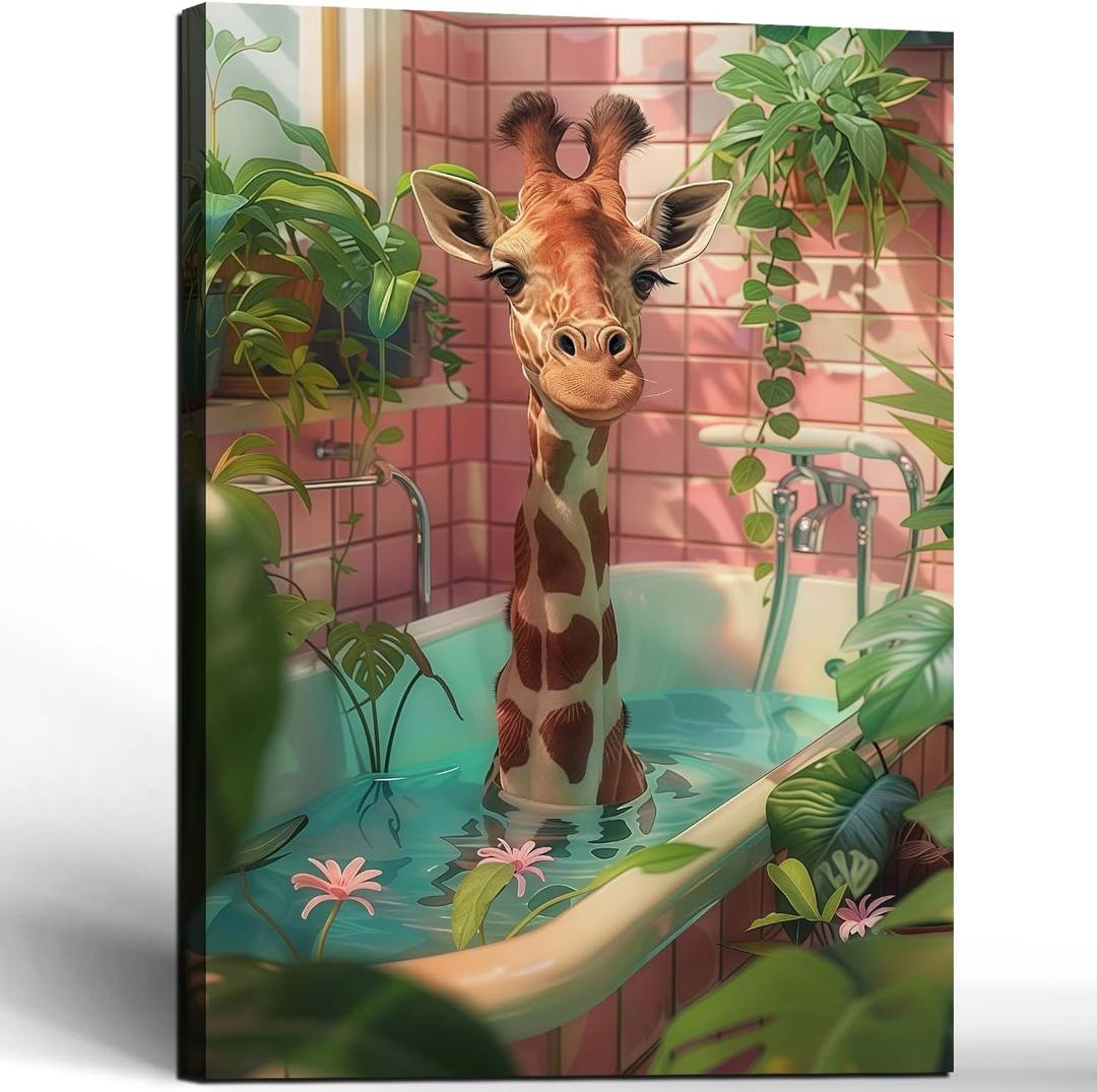 Framed Giraffe in Bathtub Canvas Wall Art Botanical Animal Pattern Maximalism Animals in Bathtub Poster Print Picture Tropical Bathroom Jungle Bathroom Toilet Wall Decor 12x16 Inch Ready to Hang