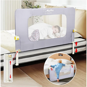 q-miulike baby bed rail for toddlers portable foldable 27 height adjustable travel toddler bed rails easy to install suitable for full king queen twin bed sizes (grey 59 inch, 1 piece)