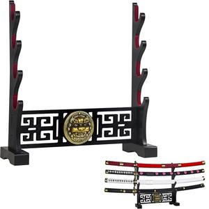 Logest Sword Stand - 4 Tier Options - Crafted Using Wood Katana Holder - Furnished in Black with a Gold Lion’s Head - Desirable Sword Display Gift Option - Sword Holder Katana Stand