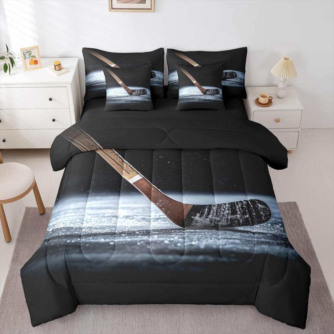 Erosebridal Kids Ice Hockey Queen Comforter Set 7 Pieces, Boys Teens Men Bed in A Bag for Bedroom, Hockey Puck Bedding Set with Comforters, Sheets, Pillowcases Winter Ice Sports Theme Bedroom Decor