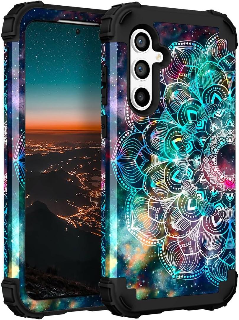 Hocase for Galaxy S25 Case, Shockproof Heavy Duty Protection Soft Silicone Rubber Bumper+Hard Plastic Hybrid Protective Case for Samsung Galaxy S25 5G (6.2") 2025 - Mandala in Galaxy