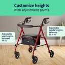 Medline Rolling Walker, 6 in Wheels, 250 lb Weight Capacity, Burgundy