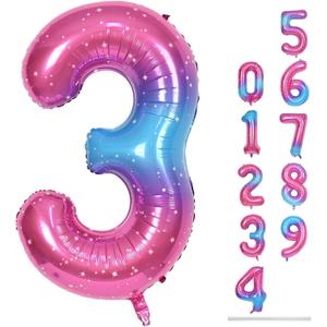 40 Inch Rainbow Large Numbers Balloons 3, Self Inflating Gradient Blue Pink Purple Digit 3 Helium Balloons for 3rd Girls, Starry Foil Mylar Number Balloons 0-9 for Women Birthday Party Decorations