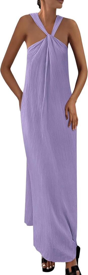 PRETTYGARDEN Women Sleeveless Casual Flowy Maxi Dress | Soft Lightweight Fabric, Strappy Loose Fit, Thick Shoulder Strap with Pockets, Beach Vacation Dresses, Trendy Summer Clothes (Purple, M)