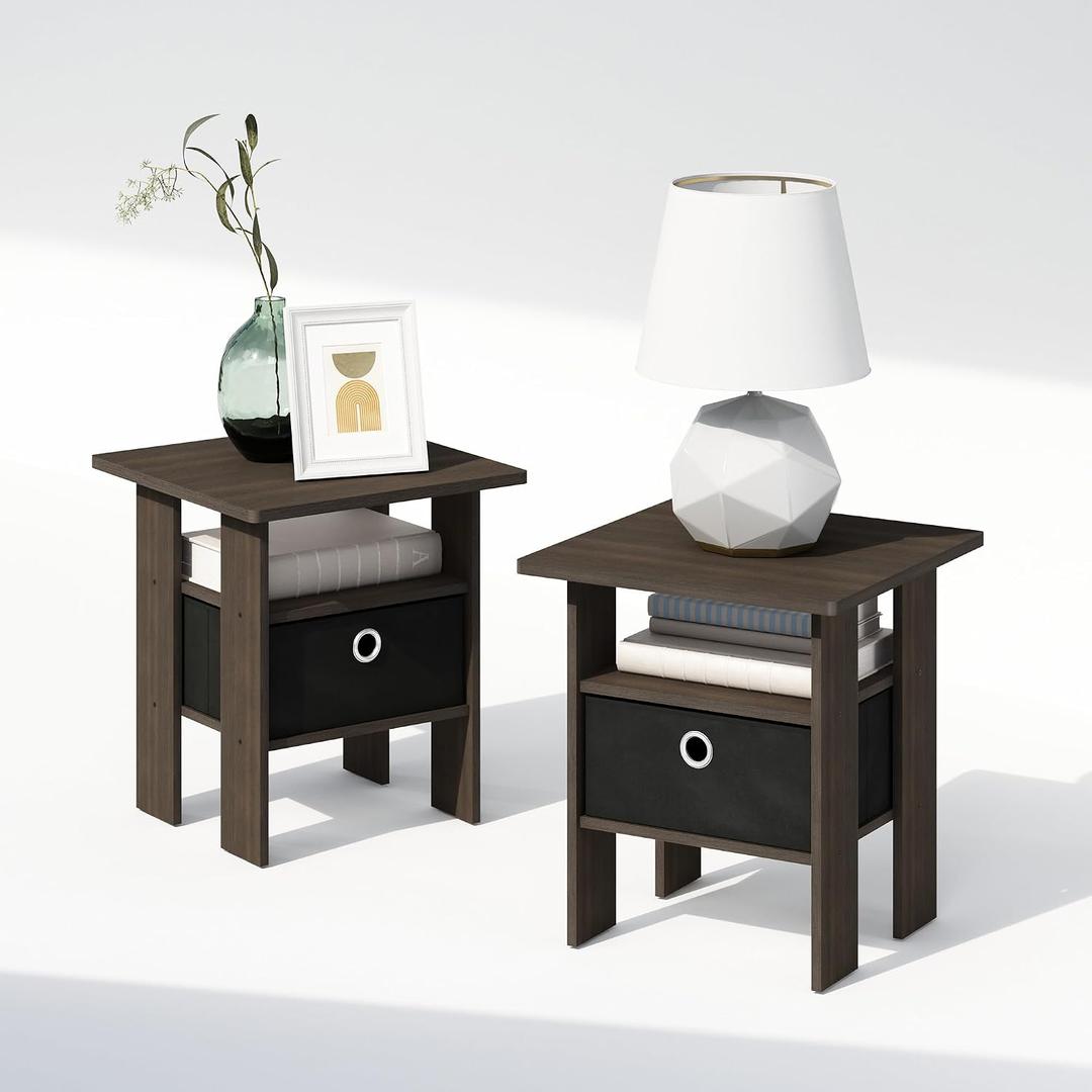 Furinno TIDUR Night Stand Set of 2, Nightstand with Storage, Dark Brown, 2-Pack, with Bin