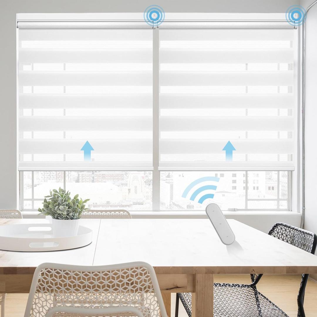 Grandekor Motorized Zebra Blinds with Remote Control, Smart Blinds Custom Size Automatic Blinds for Windows, Electric Zebra Shades, White, 46" Wx72 H (46"W x 72"H)