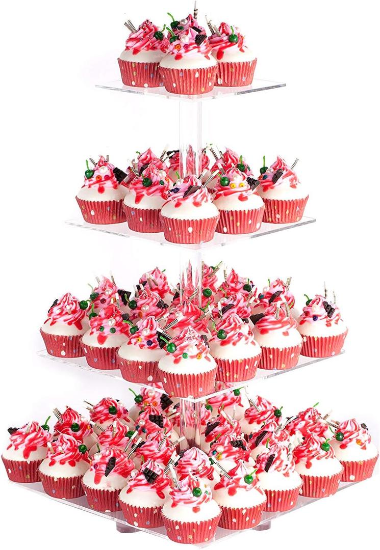 YestBuy 4 Tier Acrylic Cupcake Stand with Base, Premium Cupcake Holder, Acrylic Cupcake Tower Display Cady Bar Party Dcor  Display for Pastry(4.7" Between 2 Layers)