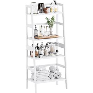 HITNET White Ladder Bookshelf, Leaning Bookcase, 4-Tier Bamboo Shelf, Floor Standing Storage Shelving Unit, Open Display Book Shelves, 53 cm x 32 cm x 125 cm