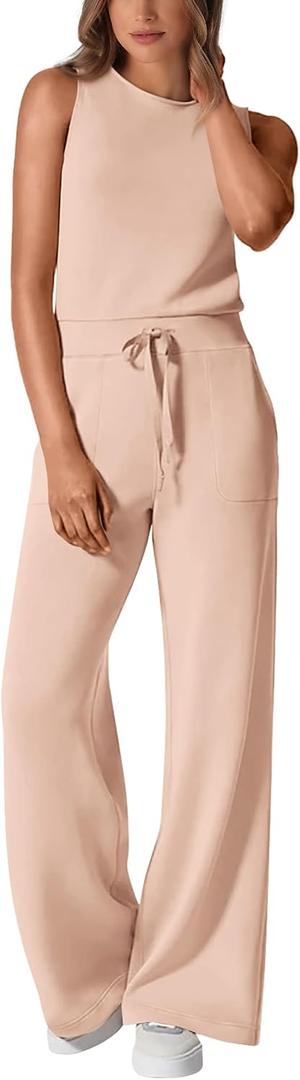 PRETTYGARDEN Jumpsuits for Women Casual 2026 Summer Sleeveless Wide Leg Pants Rompers One Piece Beach Vacation Spring Outfits (Beige, L)