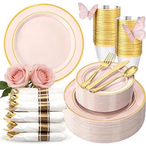 WDF Partyware 350PCS Pink Disposable Plates - Pink Plastic Plates 50Guests Plastic Dinnerware Sets with Rolled Napkins for Wedding/Birthday/Baby shower/Mother's Day