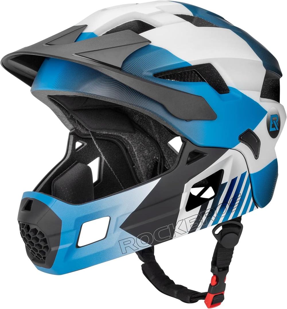 ROCKBROS Kids Bike Helmet Adjustable Detachable Full Face Bike Helmet for Children Bicycle, Skateboard, Scooter, Protective Gear (Small, Blue White Black)