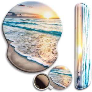 Mouse Pad and Keyboard Wrist Rest Support, with Non-Slip PU Base,Gel Mouse Pad with Coaster,Pain Relief for Gaming, Computer,Office -Beach