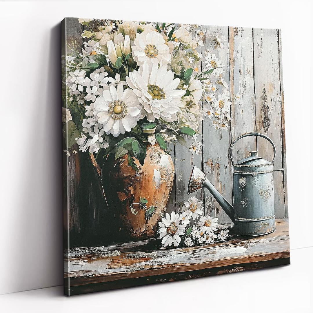 DRLWGTY Framed Farmhouse Rustic Daisy Wall Art, 24x24 Country Floral Watering Can Village Style Wall Picture with Gold Glitter Texture Details for Living Room Garden Kitchen Ready to Hang