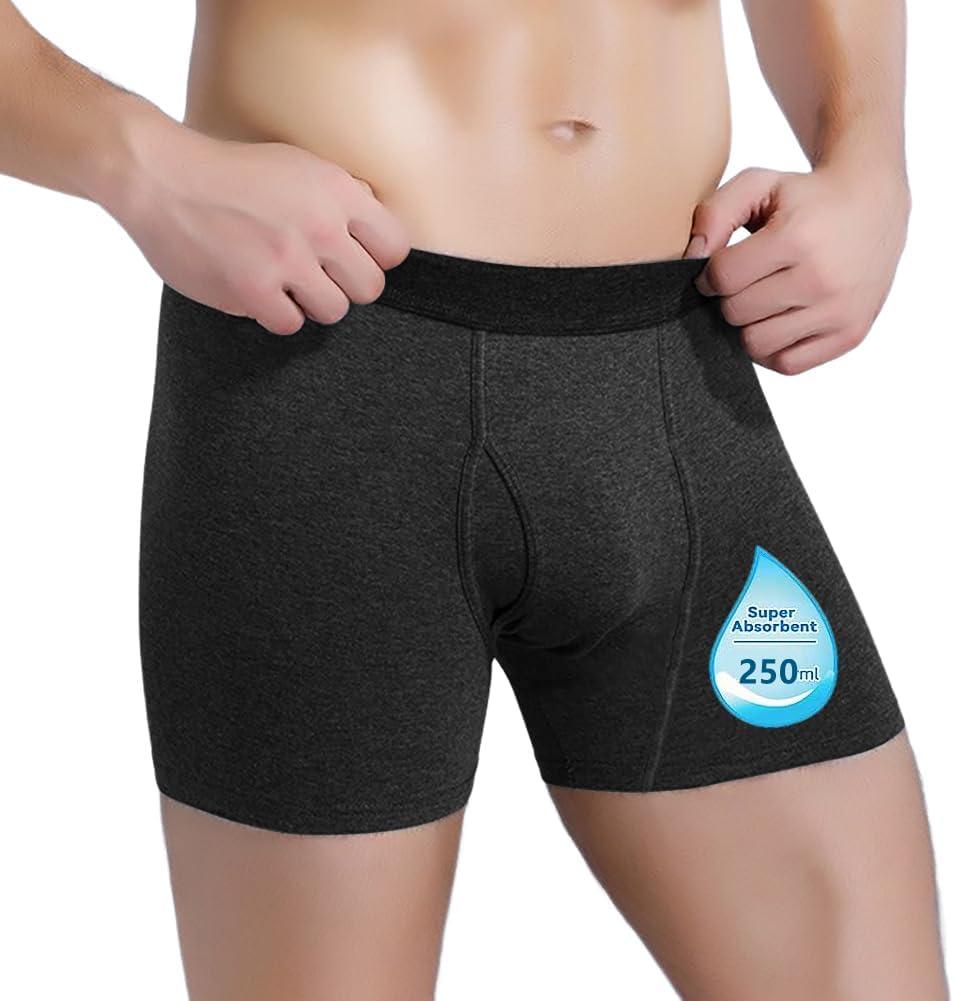 Mens Incontinence Underwear Washable Boxer Brief Absorbent Waterproof Boxer Shorts Urinary Elastic Cotton Boxer (Black)