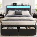 Queen Size Bed Frame with Upholstered Headboard and 2 Storage Drawers
Smart RGB LED Lights, Usb & Type C Charging Station, Black Platform Bed, Metal Slats, Noise Free, No Box Spring Needed