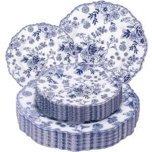 WDF 20PCS Blue and White Plates - Chinoiserie Blue Floral Plates - Baroque Floral Party Decor for Wedding Bridal/Birthdays/Tea Party