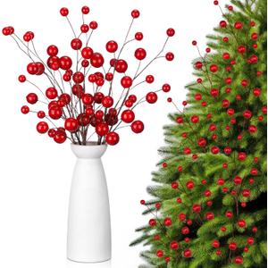 Civaner 6 Pcs 20 Inch Red Christmas Ball Pick Large Christmas Tree Picks Decorations Artificial Snowy Ball Berry Stems Branches for Xmas Tree Topper Floral Ornament Holiday Filler Vase Party Decor
