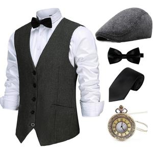 Gionforsy 1920s Mens Costume Gatsby Gangster Vest Fedora Hat Suspenders Bow Tie Costume Accessories Set (Black)