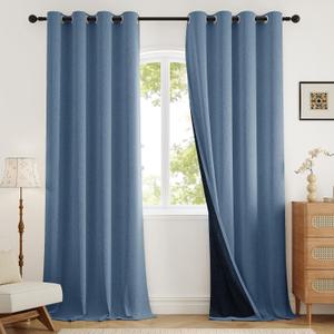 Rinwoc 100% Blackout Curtains 108 inch Length 2 Panels for Living Room, Linen-Look Textured Room Darkening Thermal Insulated Soundproof Farmhouse Drapes for Bedroom (W52xL108, Blue)