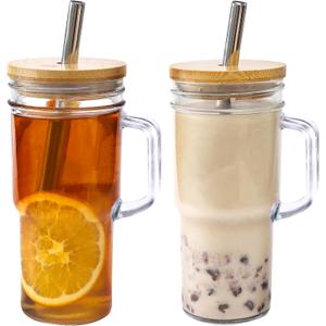 Glass Cups with Lids and Straws - 24oz glass tumbler with bamboo lids and straw Boba Cup (2pack)