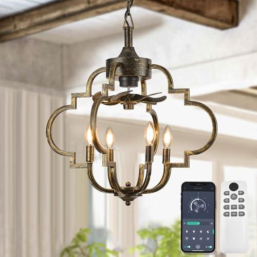 LVYEAYOU Chandelier Ceiling Fan, 23" Rustic Fandelier Ceiling Fan with Light, 4-Metal Rod Geometric Lantern Design, Vintage Hanging Ceiling Fans for Bedroom, Dining Room, Kitchen-Black Gold