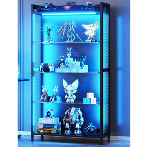 AODK Display Case with LED Lights, Display Cabinet with Glass Storage Shelves, 4-Tier Curio Cabinet for Collectibles with Open Shelf, Black