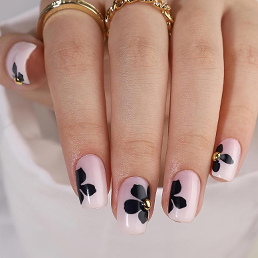 5 x RTKHFZE Press on Nails Short - Square Press On Nails,with Designs Fake Nail Glue on Nails,Natural Fit Reusable Stick On Nails in 16 Sizes - 32 Soft Gel False Nails Kit,Black Flower